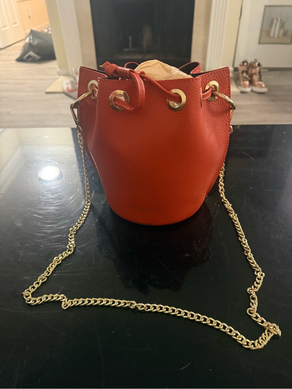 Anna Paola Italian Leather Pebbled Bucket Bag Black Crossbody Chain Handbag